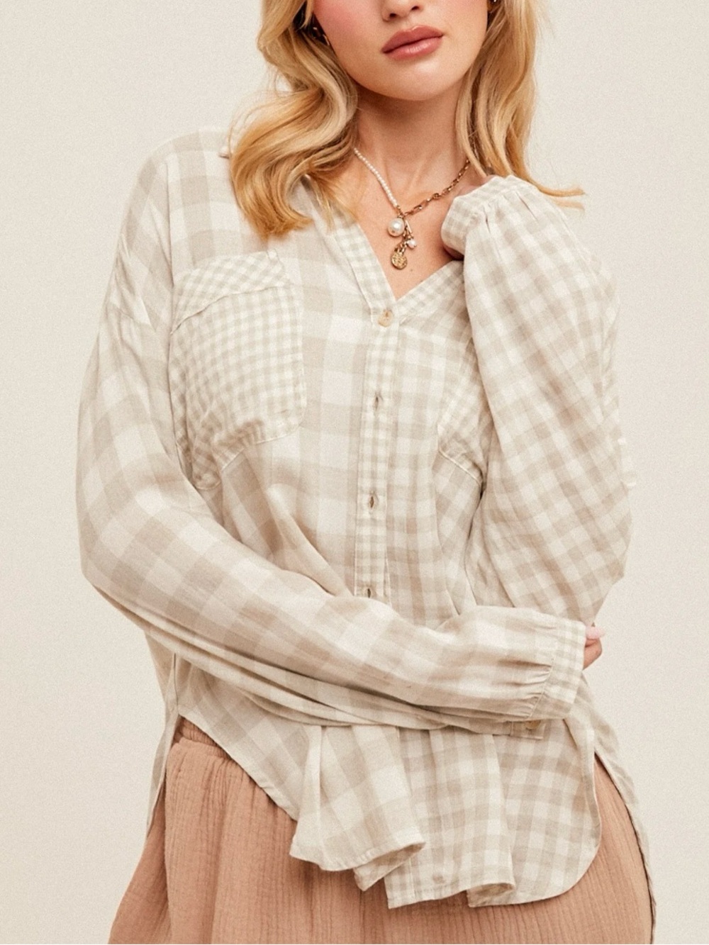 Neutral Ground Gray and Cream Checkered Button Down